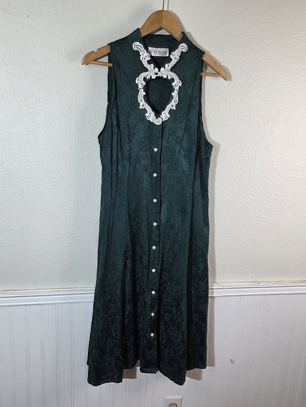 Vintage Miss Dorby Green Jacquard Cottagecore Prairie Midi Dress Lace Heart Neck